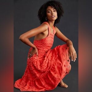 Anthropologie Maeve Eyelet Tiered Halter Midi Dress in Coral Size US4